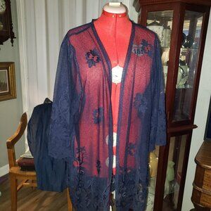 Maurices Long Sheer Open Front Cover Up Women Size 1X Embroidered Flowers